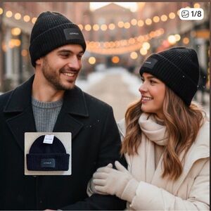 NWT Coach Black Woven Patch Ribbed Knit Beanie Hat